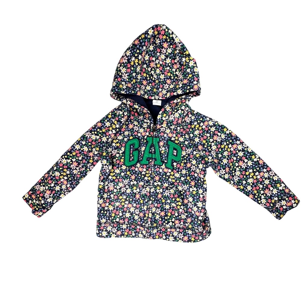 Baby Gap Floral Zip Up Hoodie Chenille Logo Sweatshirt Toddler 3T Navy Multi